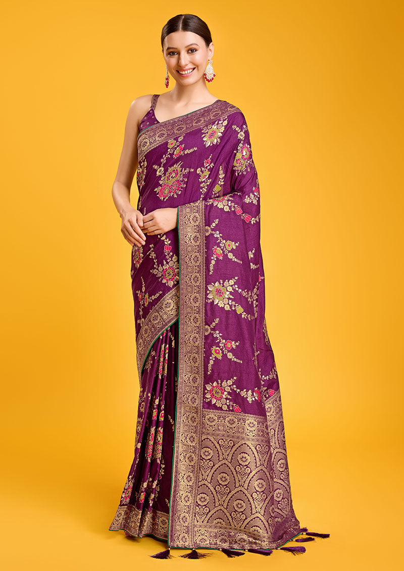 Women's Purple Colour Woven Banarasi Viscose Silk Saree For Women - Monjolika
