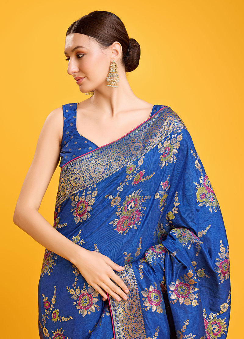 Women's Blue Colour Woven Banarasi Viscose Silk Saree For Women - Monjolika
