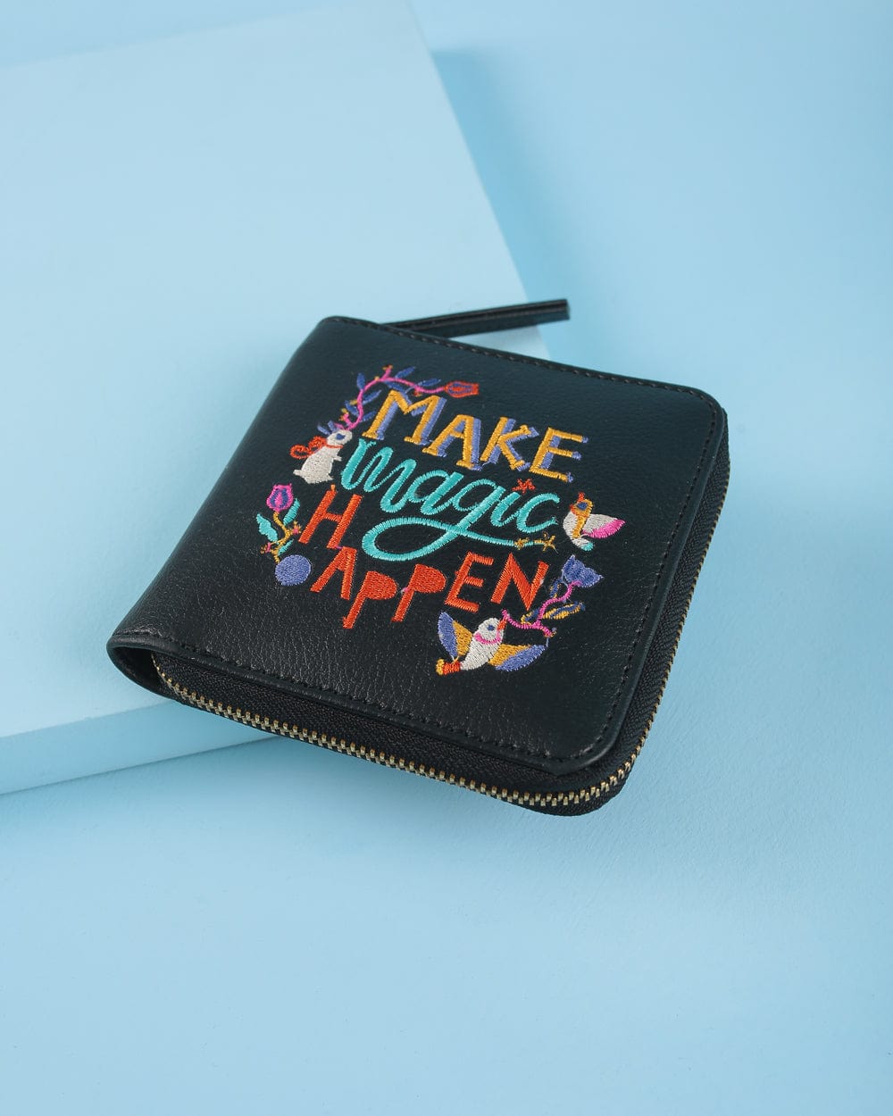 Make Magic Happen Embroidered Mini Wallet - Black - Chumbak
