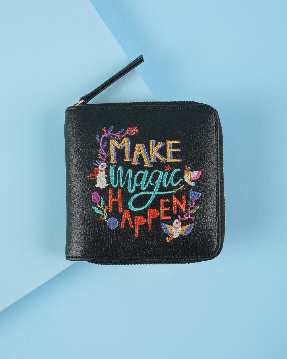 Make Magic Happen Embroidered Mini Wallet - Black - Chumbak