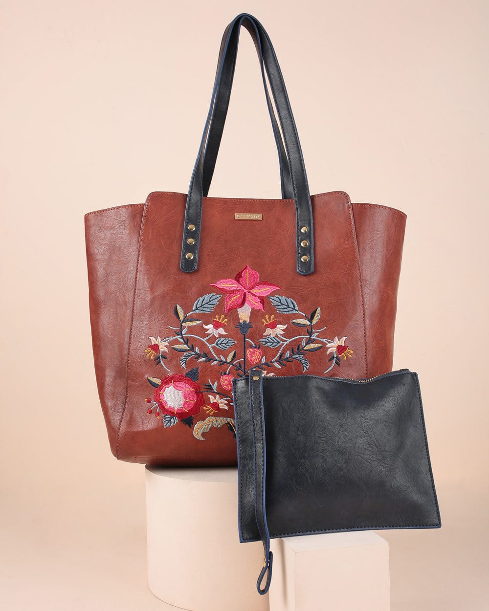 Orchid Embroidered Tote Bag Tan - Chumbak