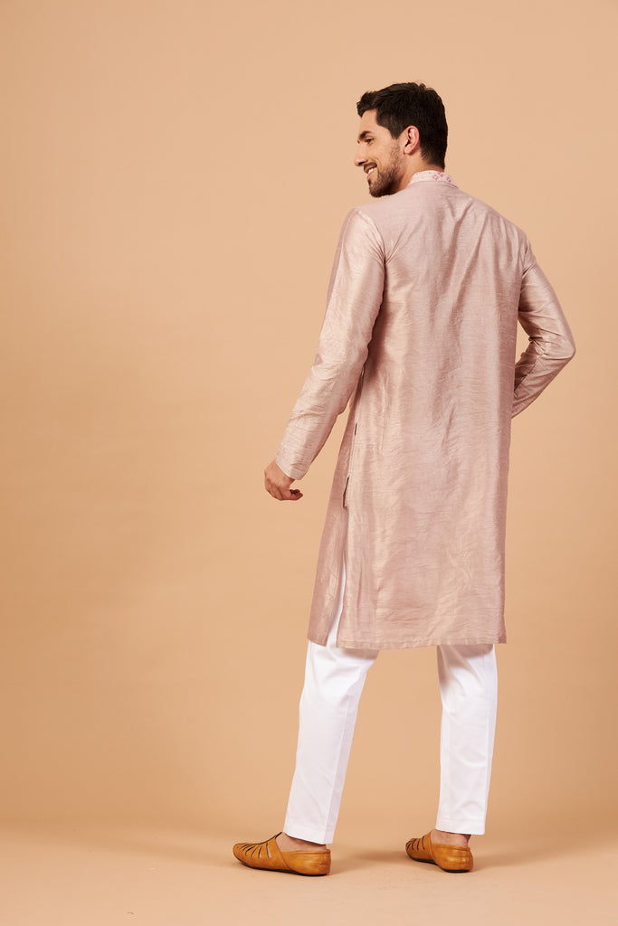 Men's Beige Brown Color Florne Floral Geometric Embroidered Kurta Semi Raw Silk Mix
