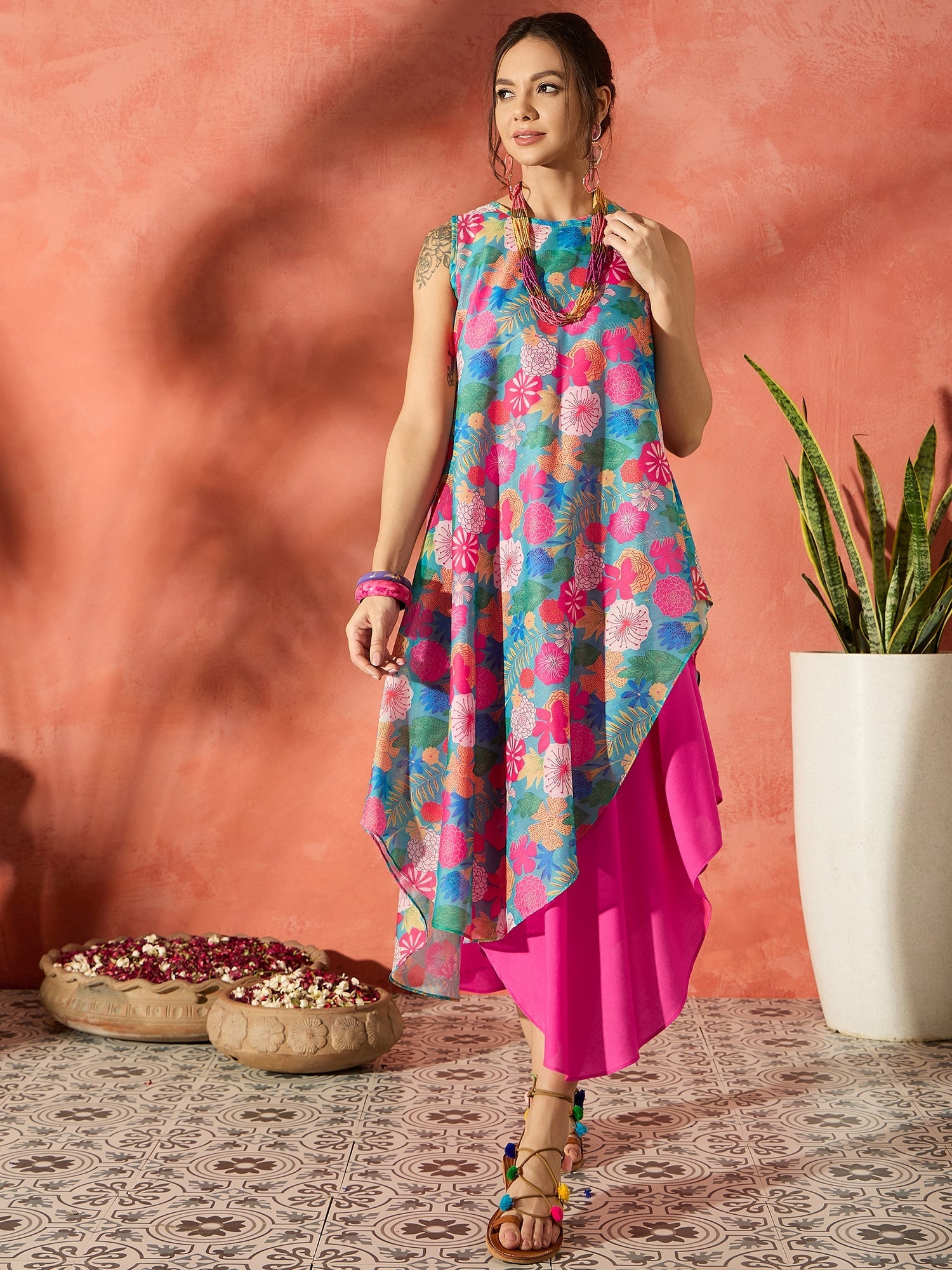 Women's Blue Floral Fuchsia Asymmetrical Dress - InWeave