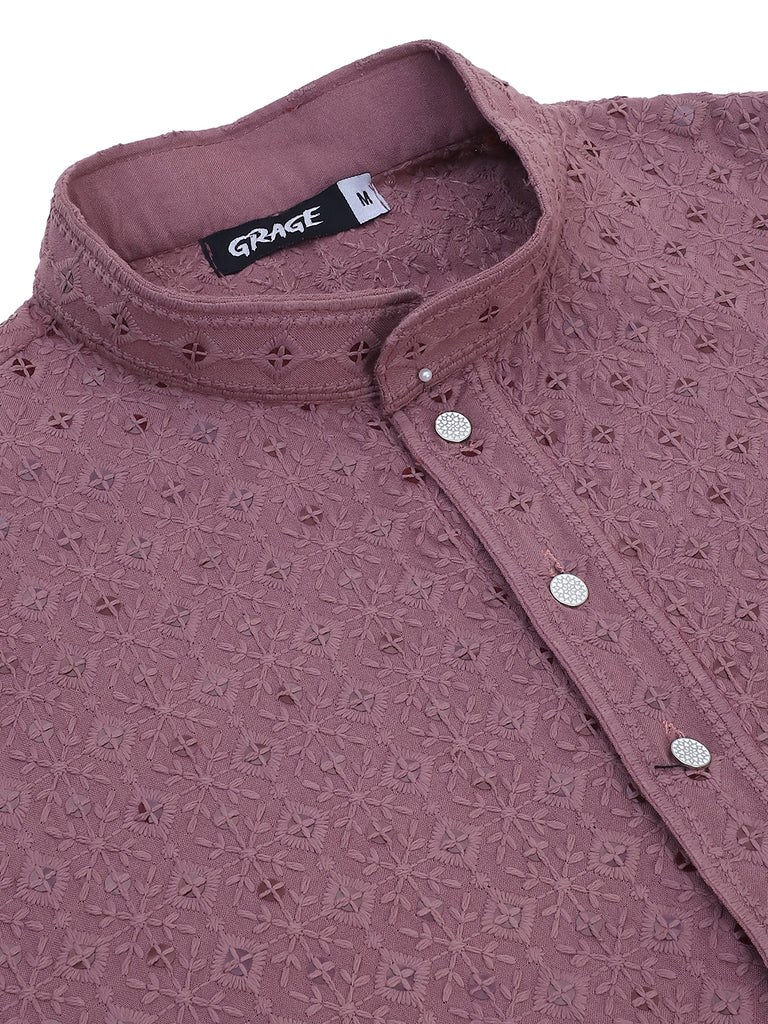Men's  Purple Viscose Rayon Embroidered Kurta