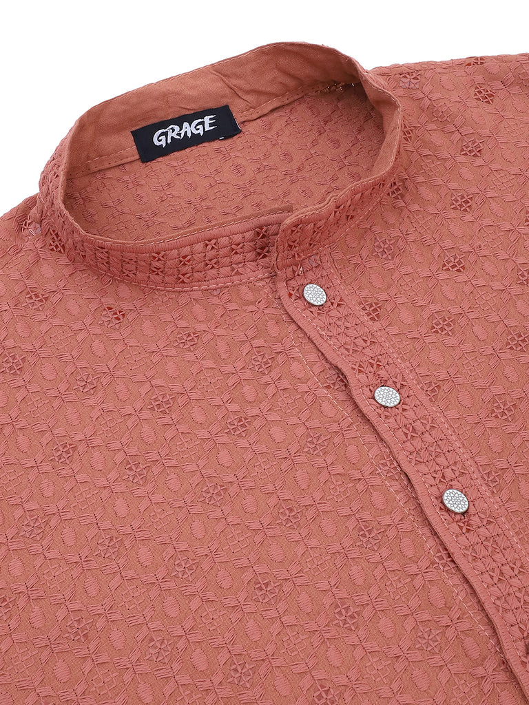 Men's  Peach Viscose Rayon Embroidered Kurta