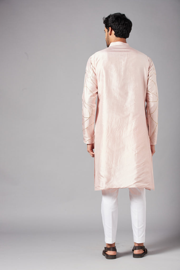 Men's Peach Color Ilara Gold Zari Abstarct Embroidered Kurta Dupion