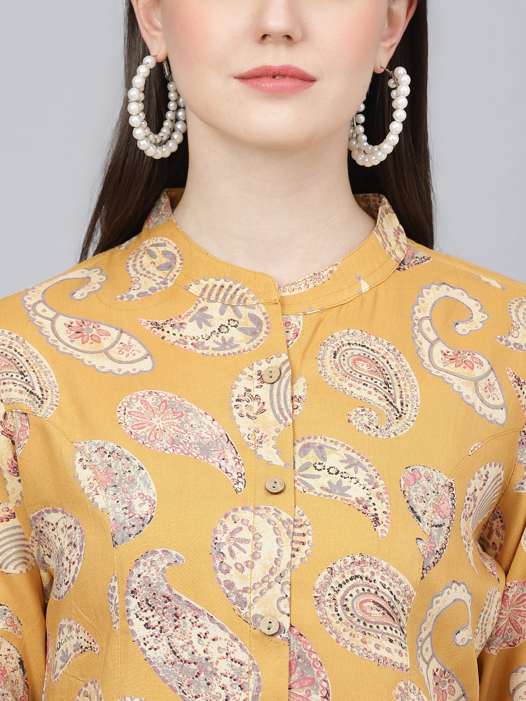 Women's Mustard Yellow Print Mandarin Collar Roll-Up Sleeves Shirt Style Top - Taantav