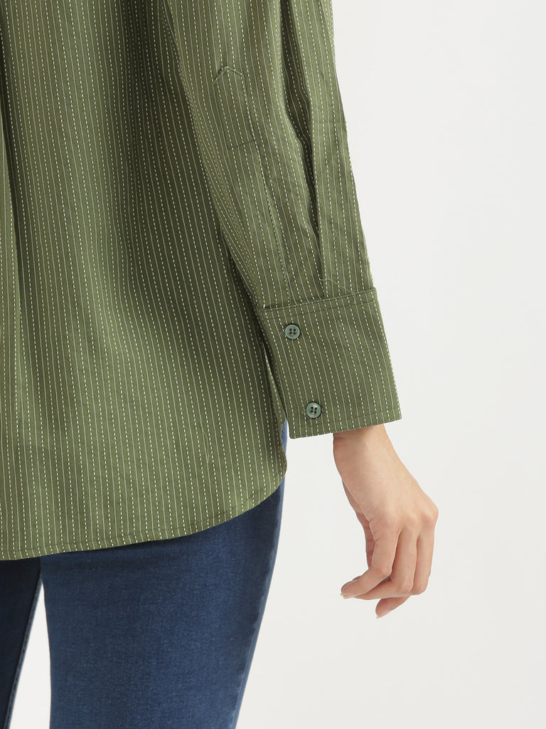 Women's Airy Linen Textured Casual Oversize Olive Shirt