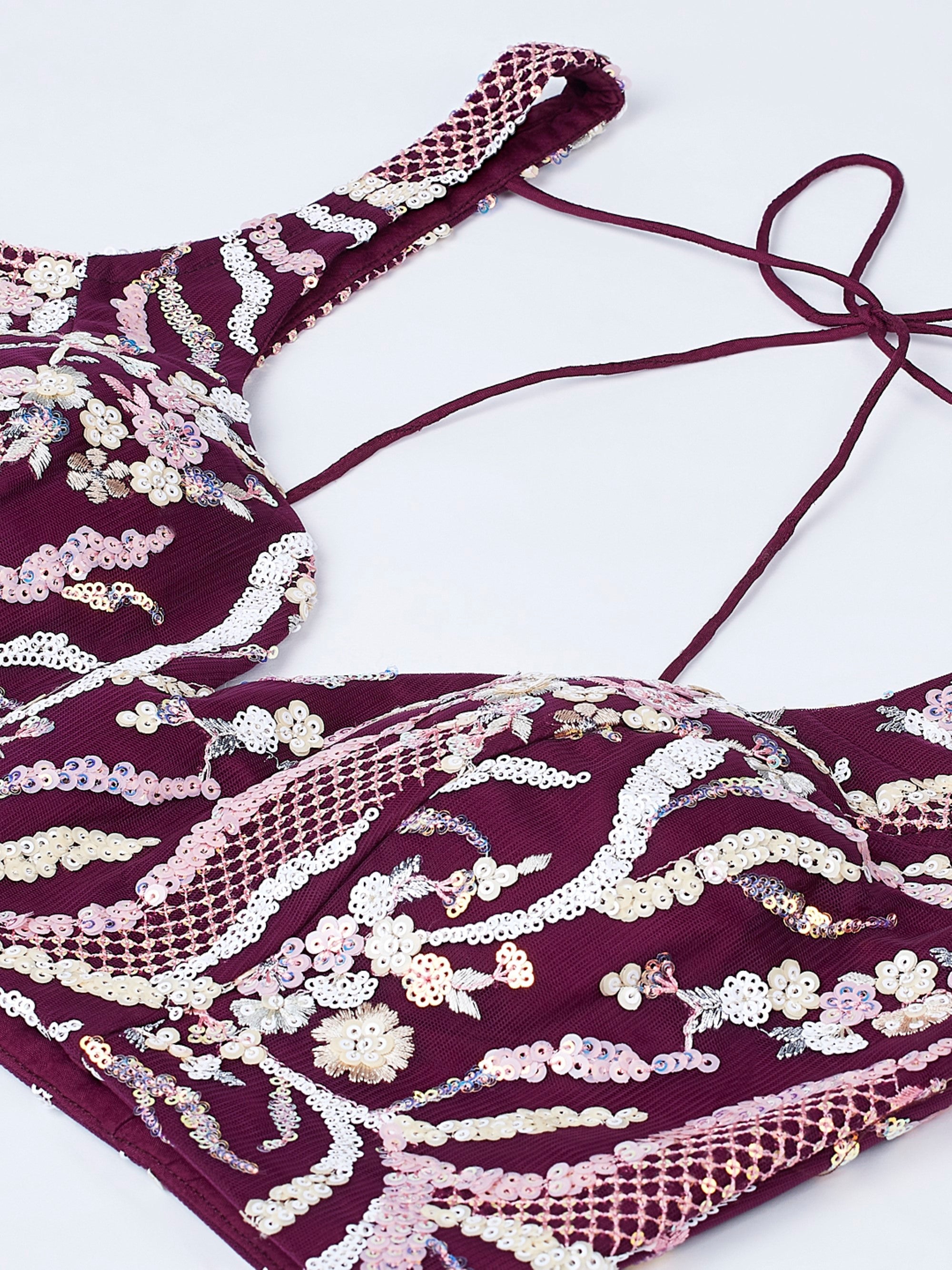 Women's Burgundy Net Sequins And Thread Embroidery Lehenga Choli & Dupatta - Royal Dwells