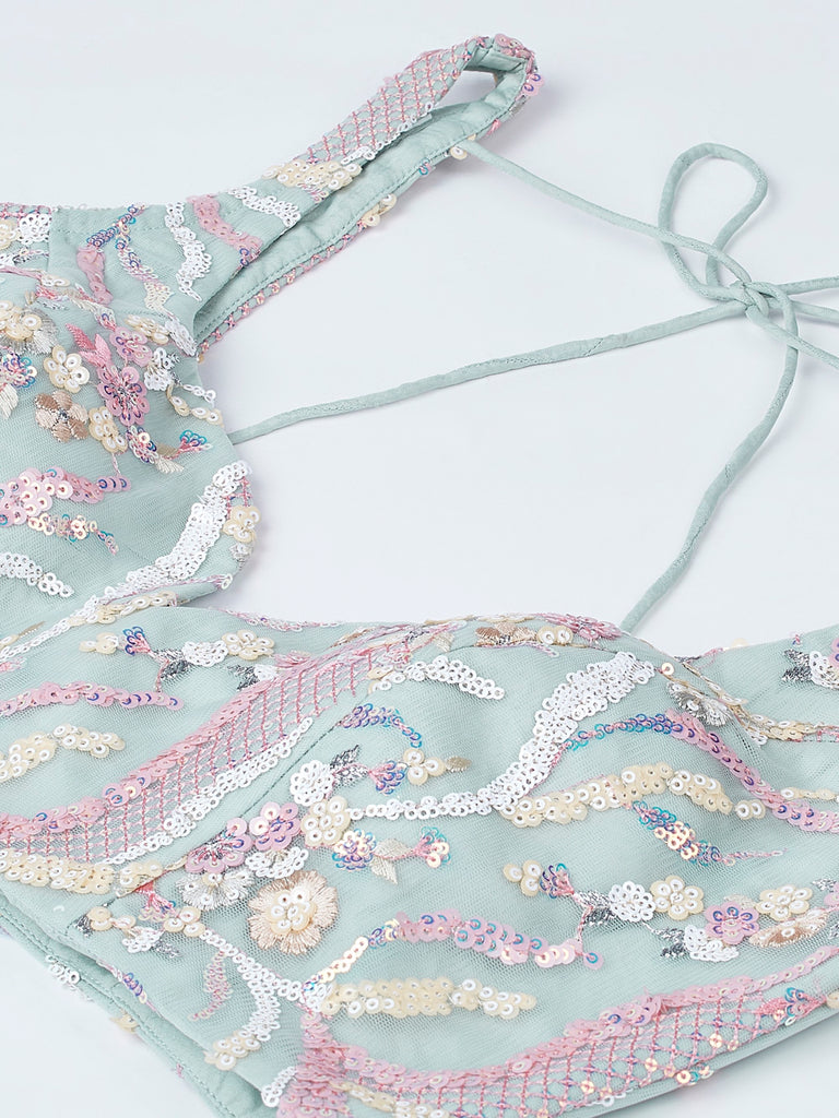 Women's Lime Green Net Sequins And Thread Embroidery Lehenga Choli & Dupatta