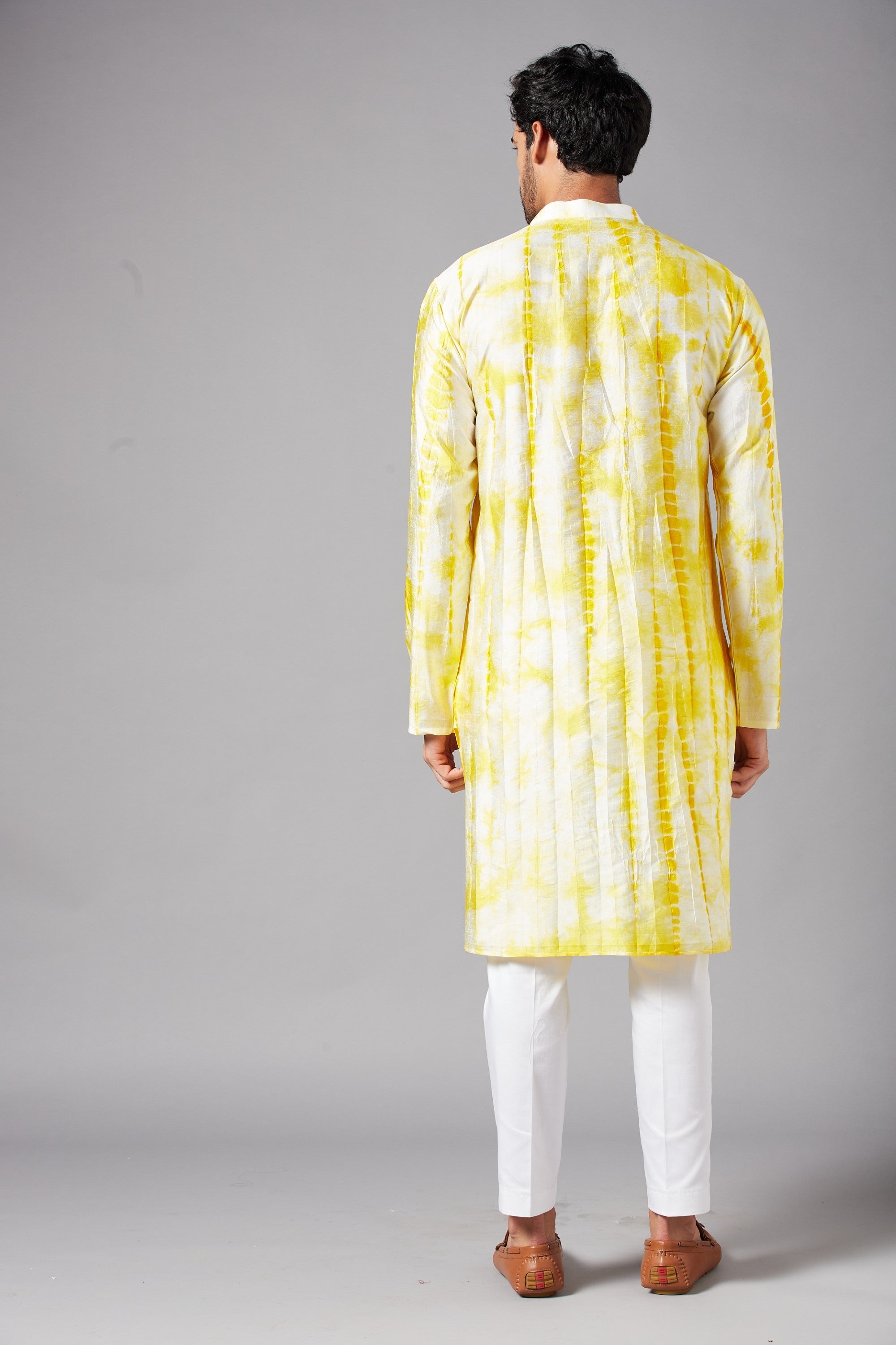 Men's Yellow & White Color Tintlo Yellow Tie & Die Kurta Semi Rawsilk Mix