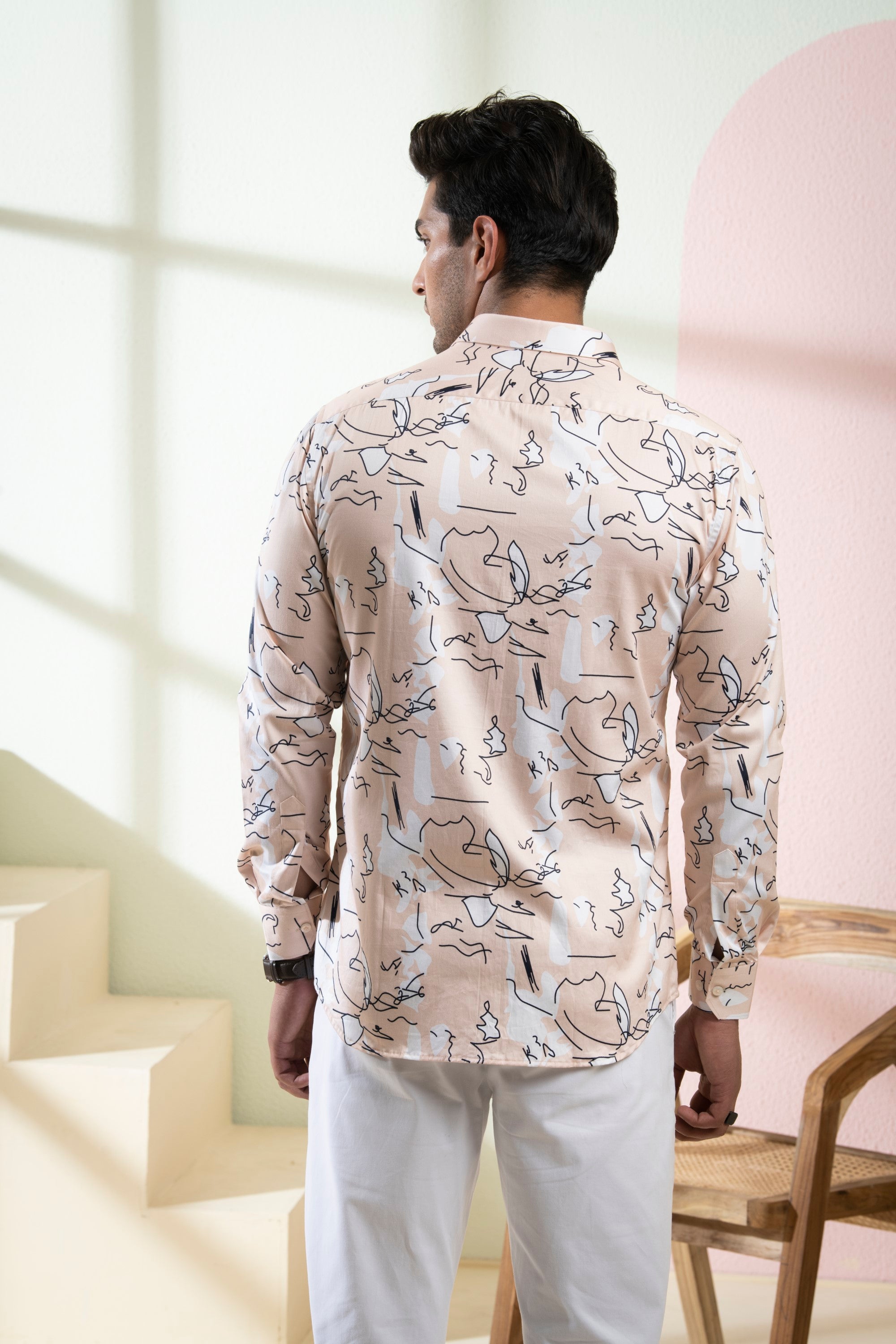 Men's Peach Color Veined Full Sleeves Shirt - Hilo Design