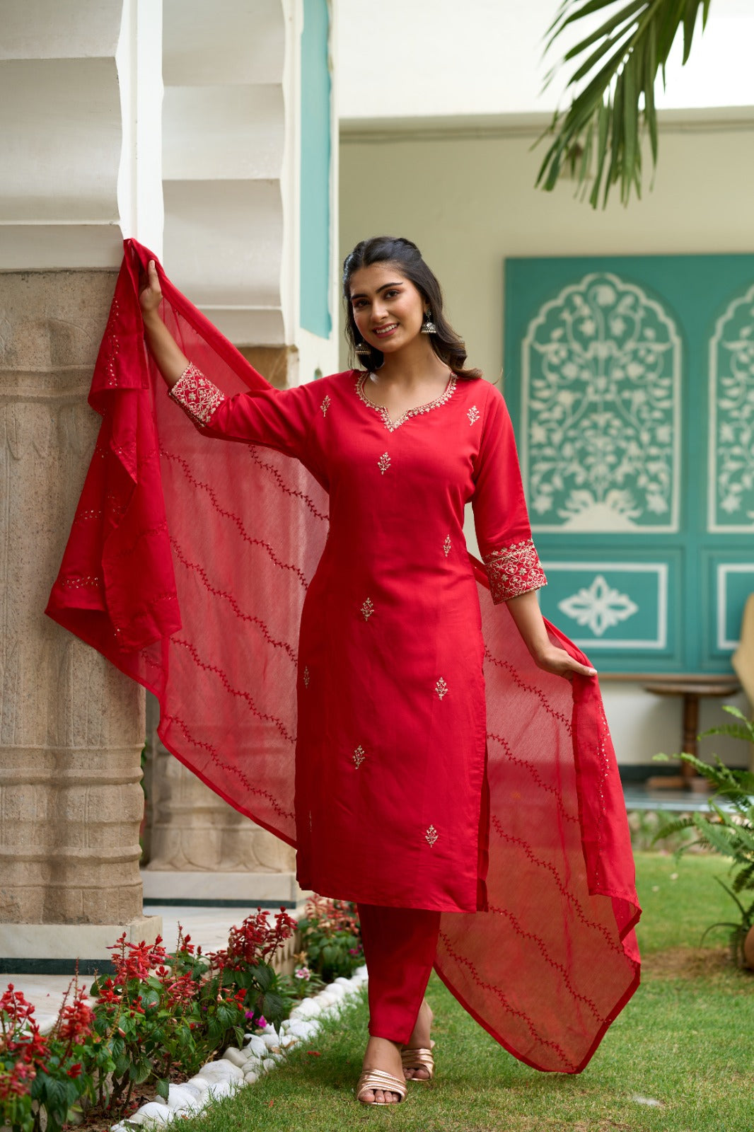 Women's V Neck Embroidered Work Soft Chanderi Fabric Kurta & Pant With Dupatta Set - Taantav