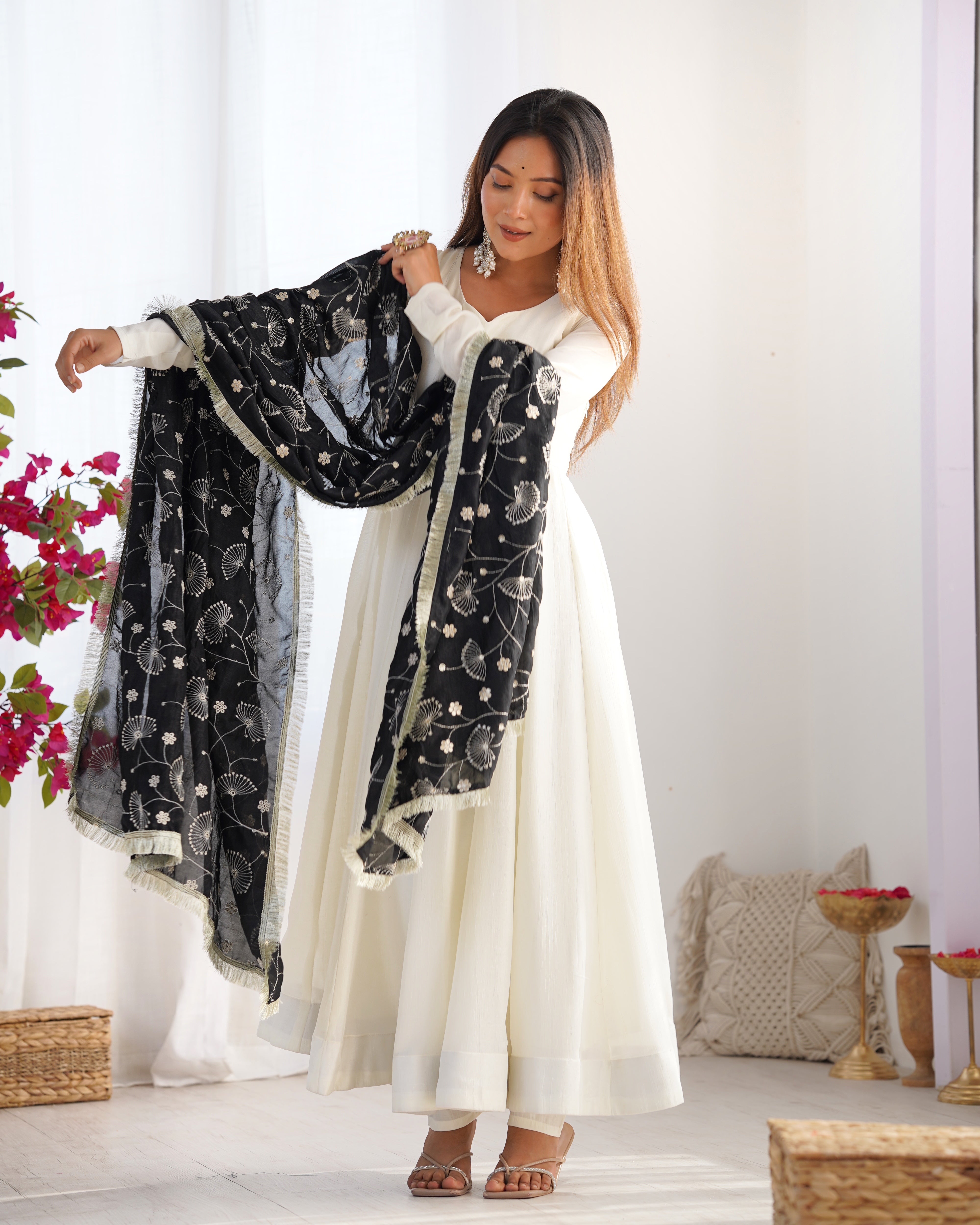 Women's Black *Anarkali Fabric*:?? Heavy Pure Soft Vichitra Silk Fabrics Zari Sequence Embroidery Anarkali Set