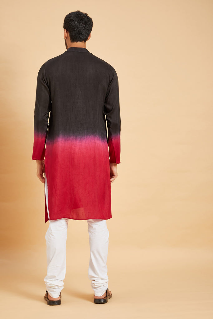 Men's Red Color Pattern Ombre Kurta Without Slit Silk