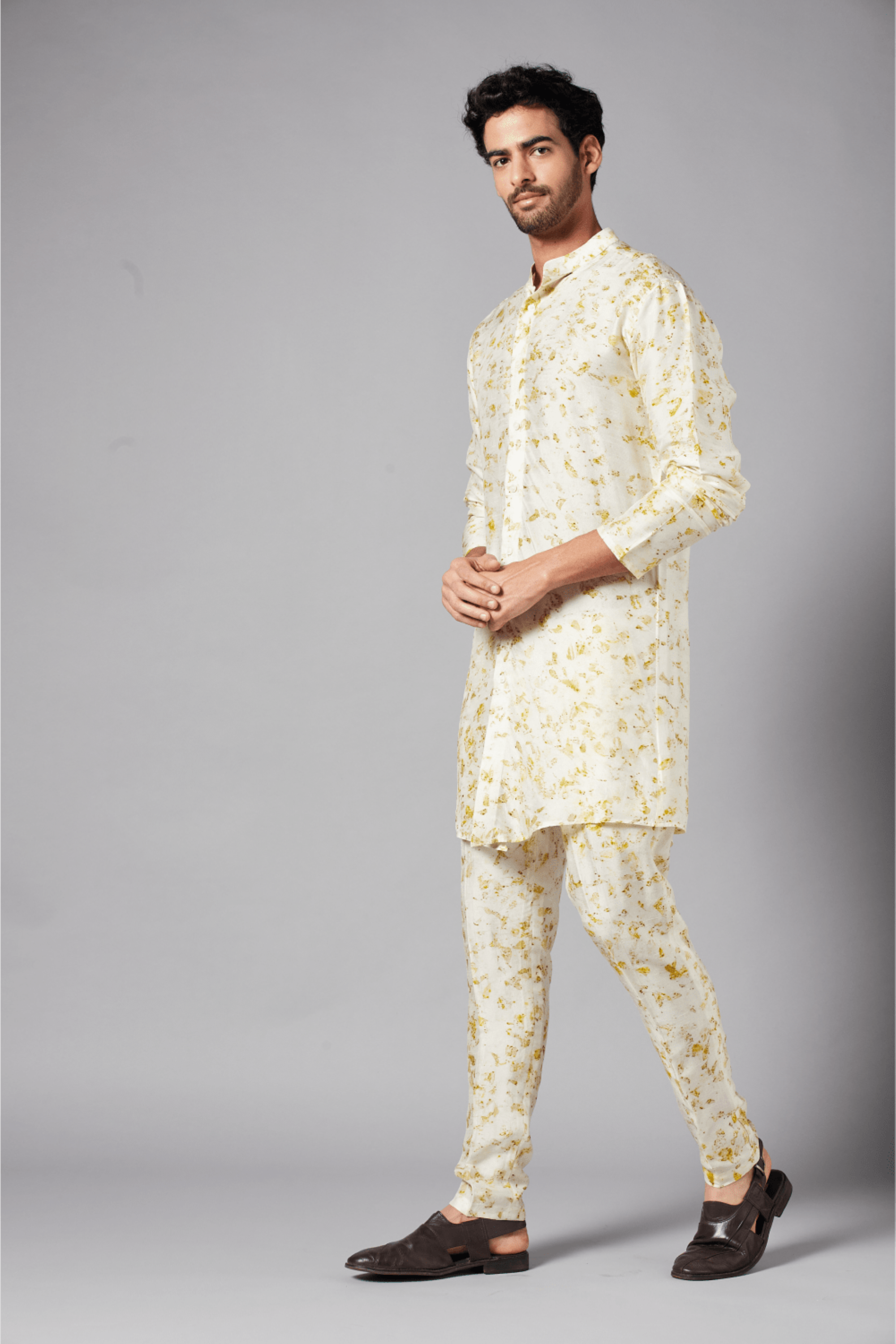 Men's Mighty Natural Dye Kurta With Crop Pants Coord Set (Marigold Dried Flowers) - Hilo Design