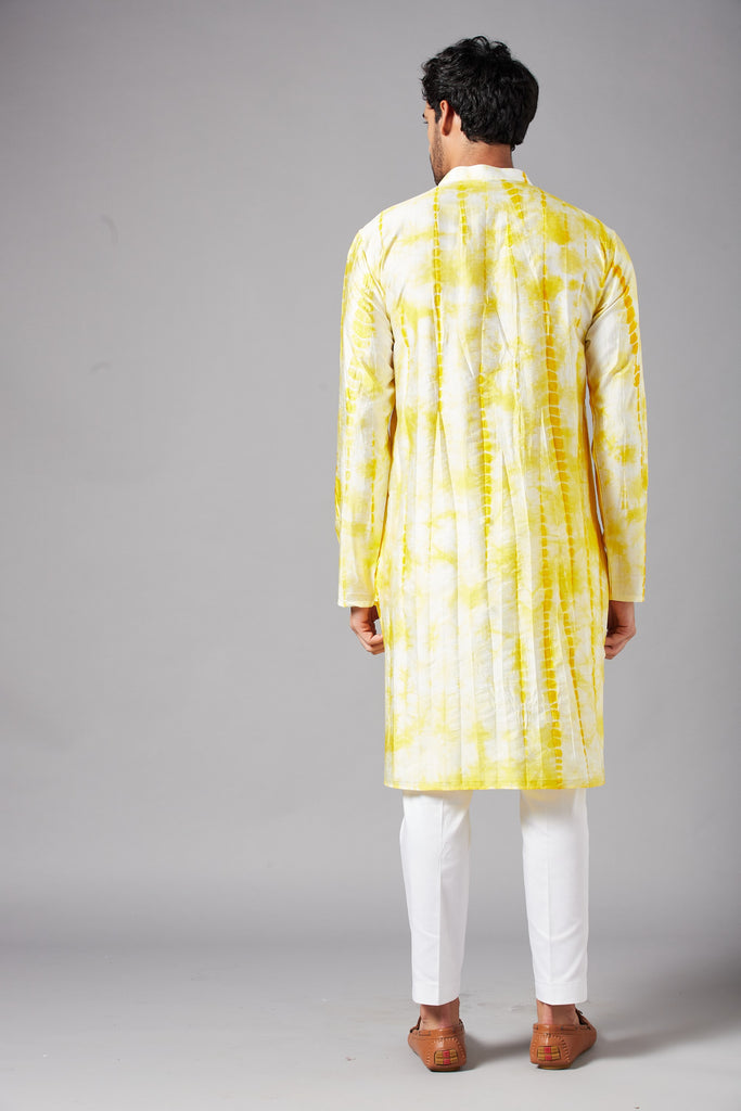 Men's Yellow & White Color Tintlo Yellow Tie & Die Kurta Semi Rawsilk Mix