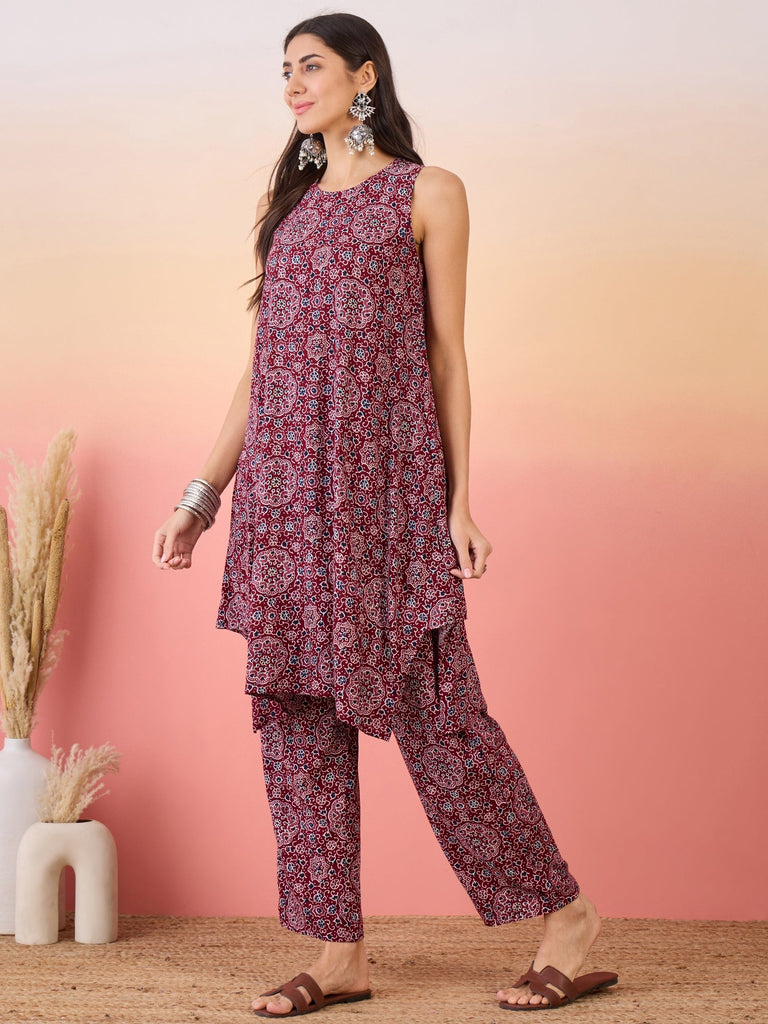 Women's Maroon Navy Ajrakh Foil Round Neck Kurta Pant Set