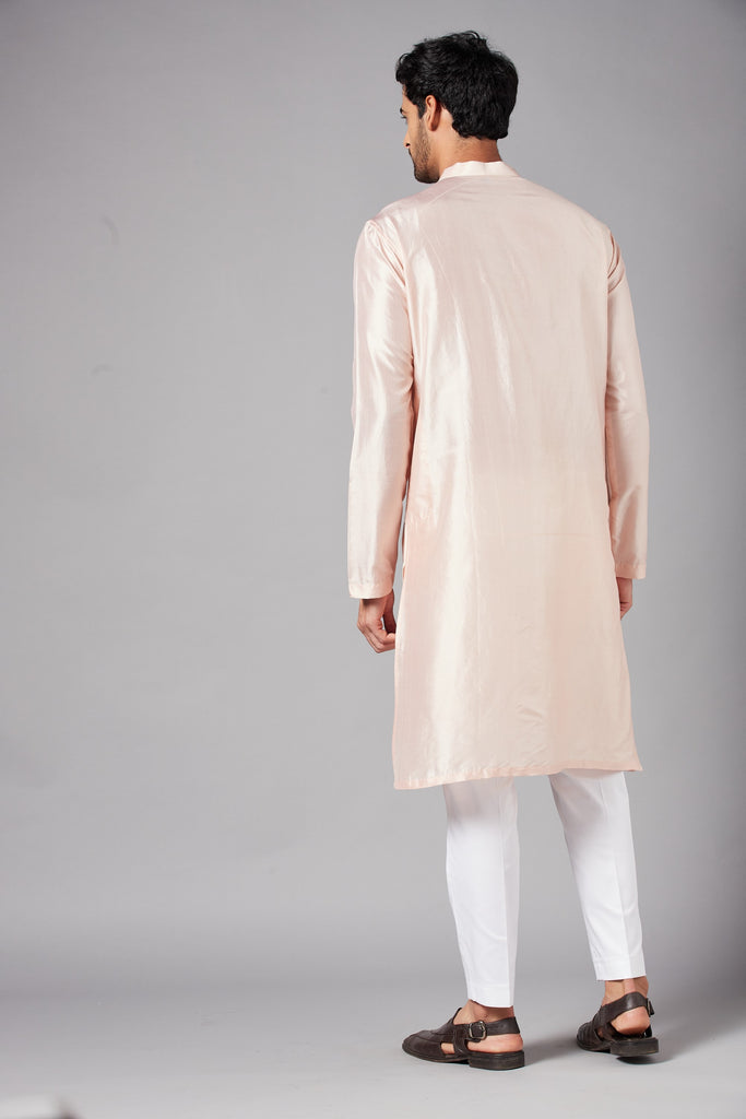 Men's Peach Color Rooyi Position Mirror Work Kurta Dupion