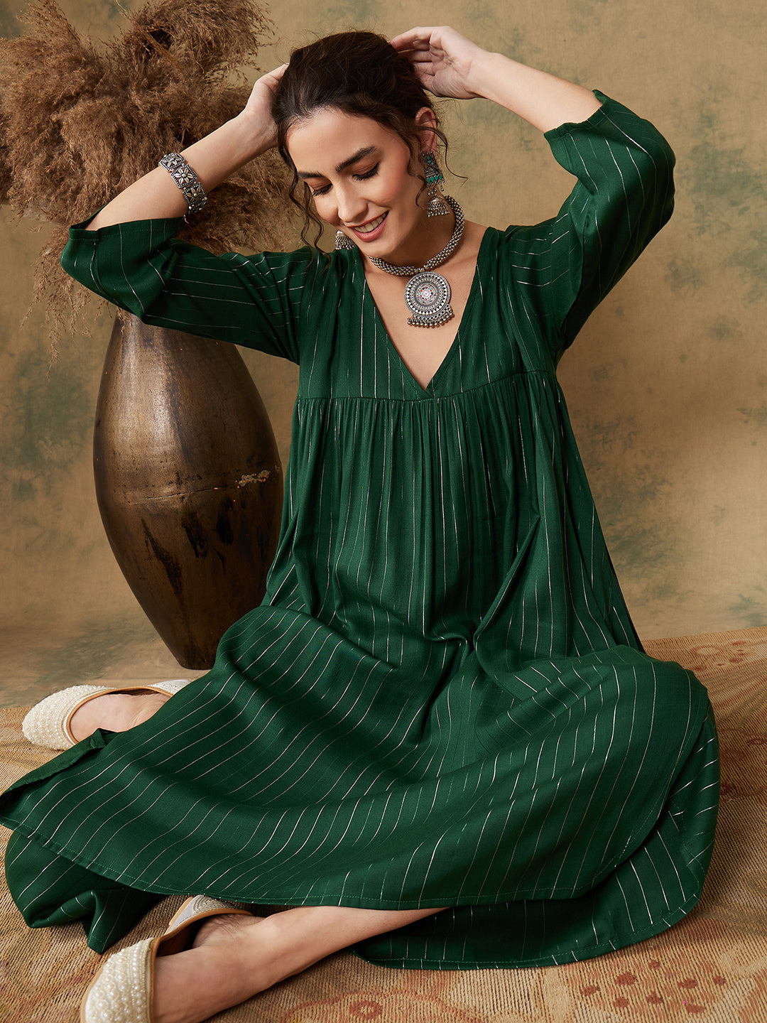 Women's Pine Green Lurex Flared V Neck Kurta Palazzo Set - InWeave