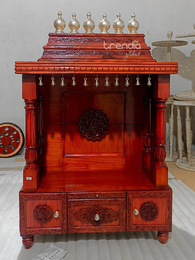 Solid Teak Wood Pooja Mandir with Temple Bells