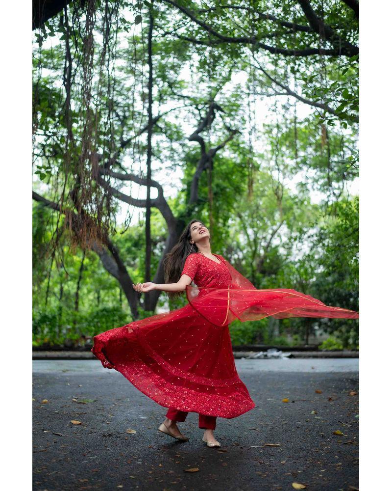 Women's Red Thread Work Anarkali Set (3pcs set)