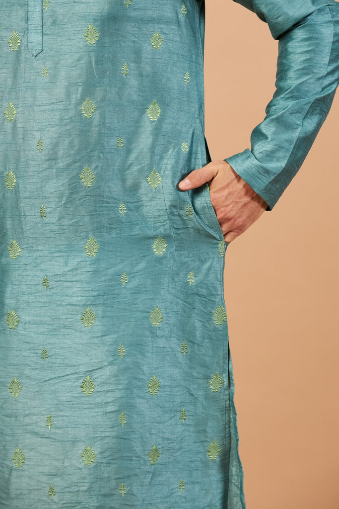 Men's Teal Color Two Motif Embroidered Kurta Semi Raw Silk Mix