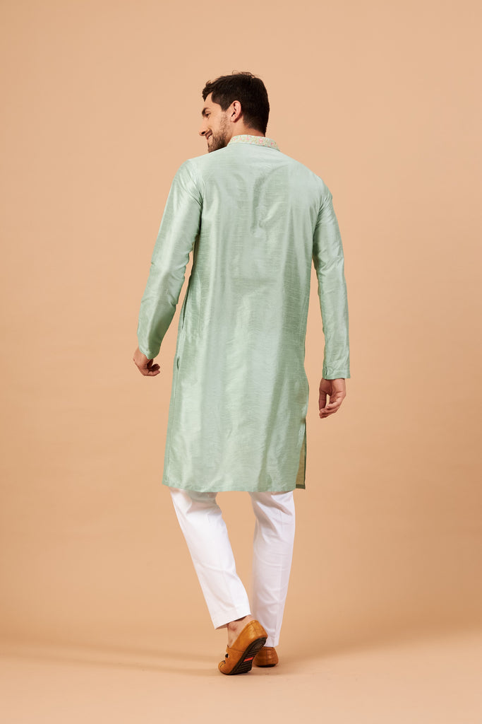 Men's Pastel Green Color Amil Traditional Embroidered Kurta Semi Raw Silk Mix