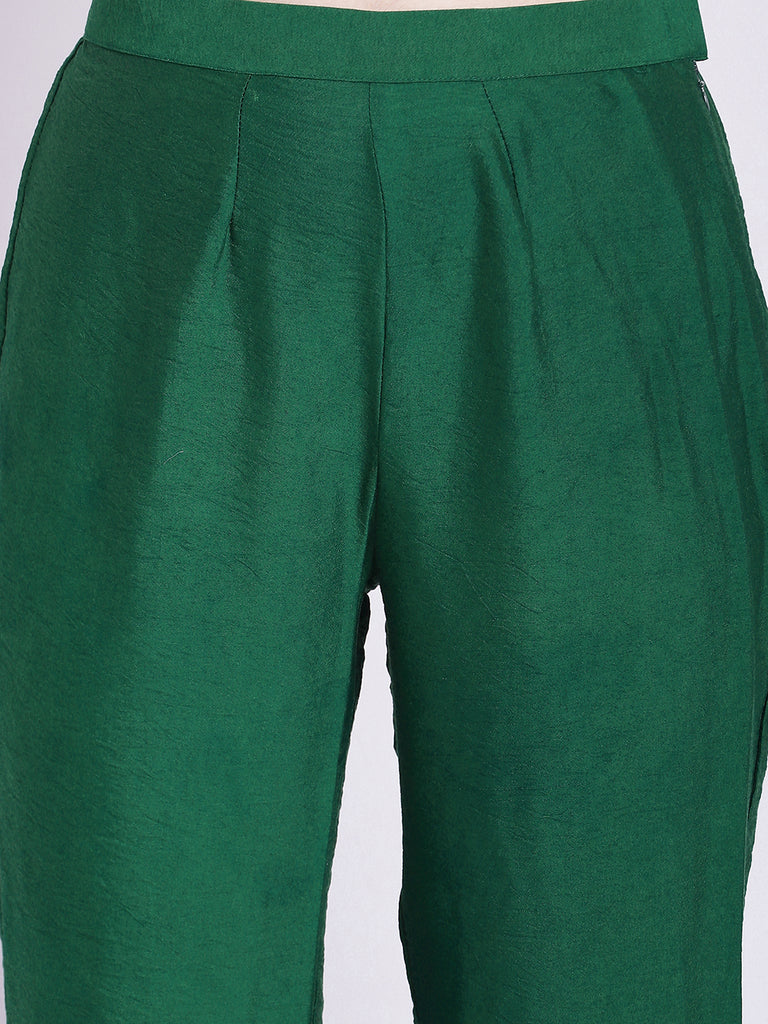 Women's Ethnic Green Banarasi Straight Kurti With Straight Pants
