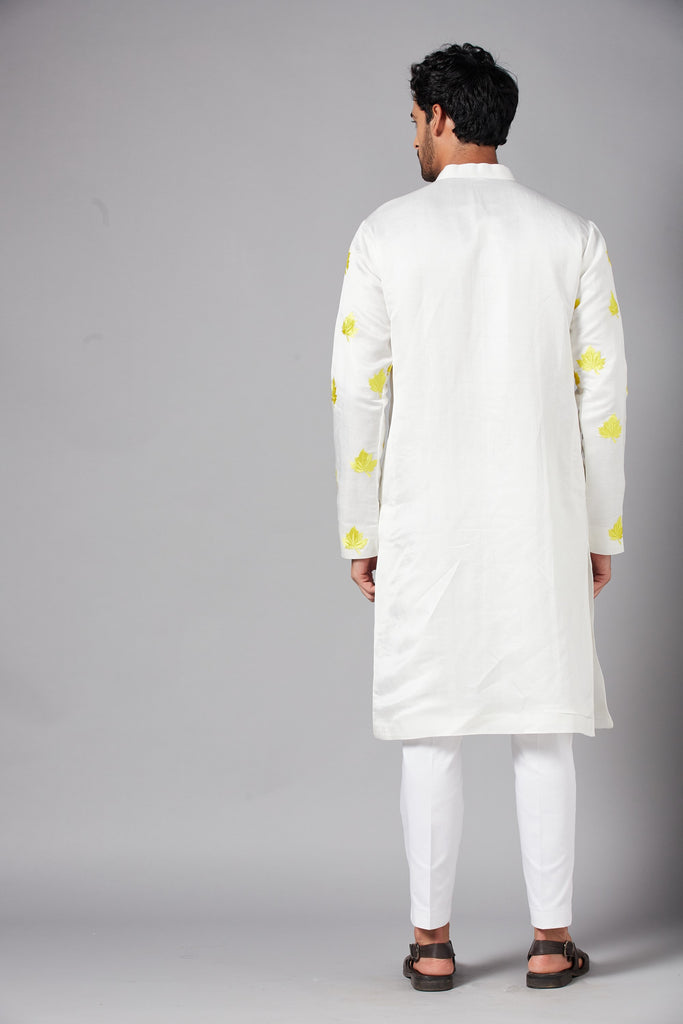 Men's White Color Morga Leaf Embroidered Kurta Linen Satin