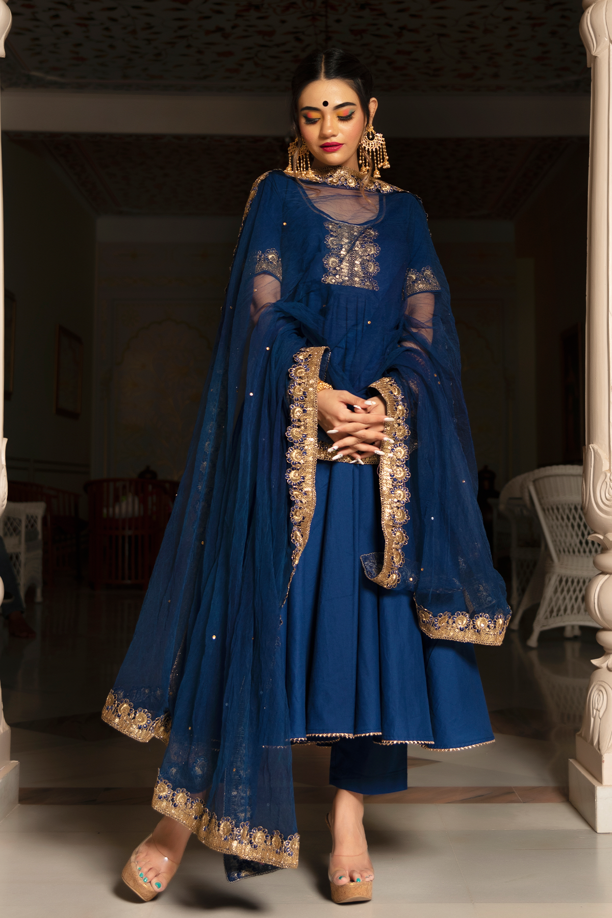 Women's Blue Anarkali suit with Dupatta by Pomcha Ja