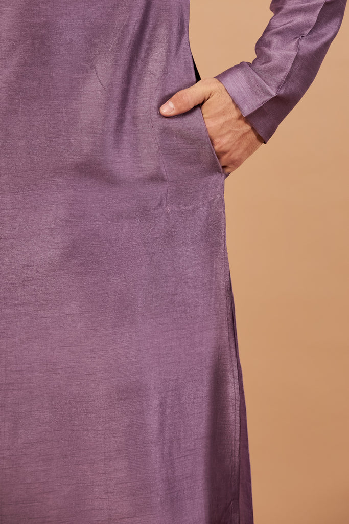Men's Purple Color Inara Gold Embroidered Kurta Semi Raw Silk Mix