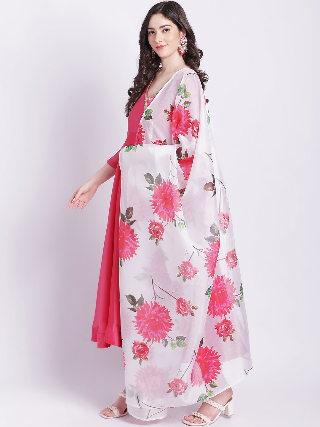 Women's Pink Dahlia Organza Anarkali With Churidar And Floral Printed Dupatta - Anokherang