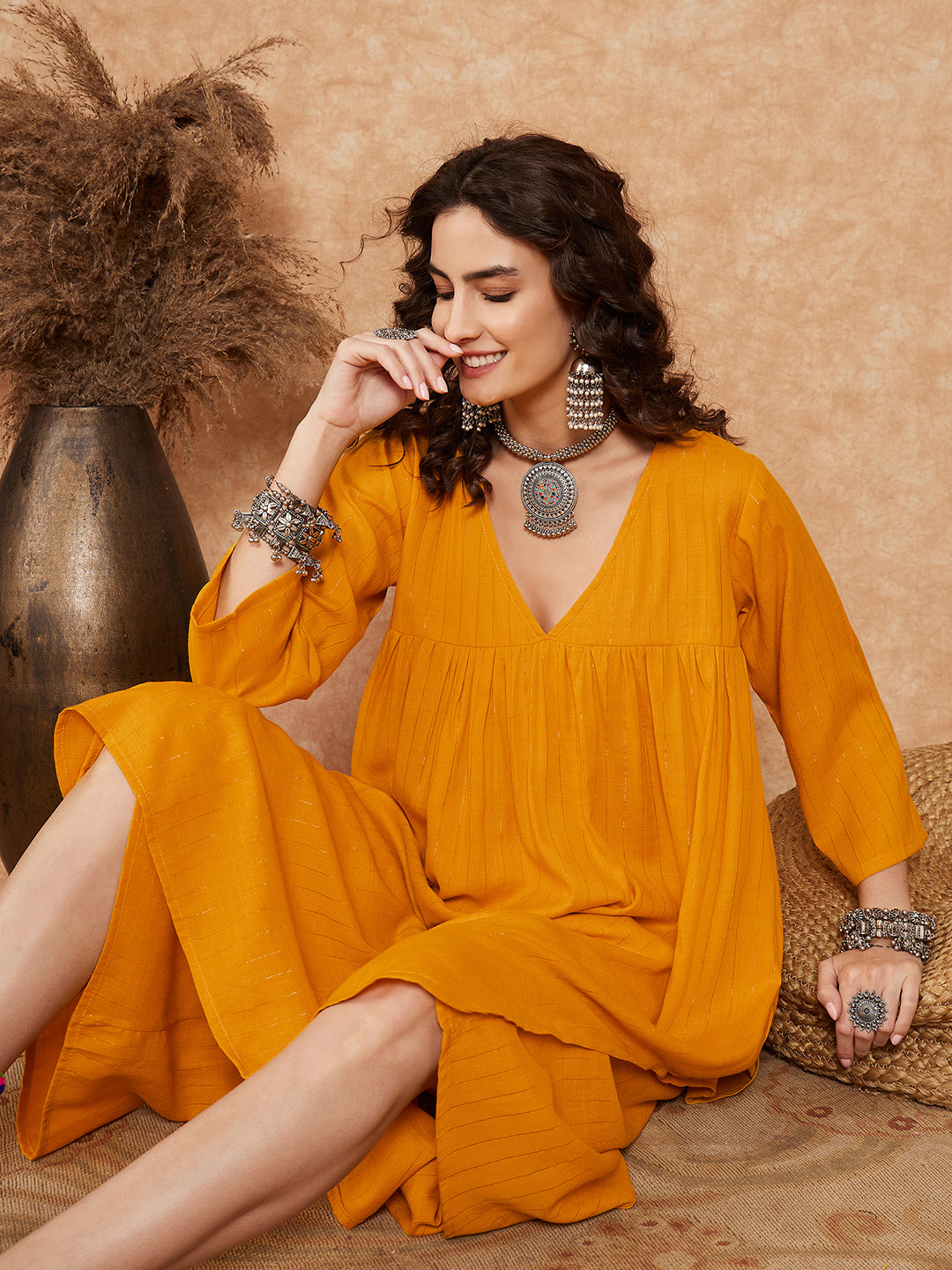 Women's Mustard Lurex Flared V Neck Kurta Palazzo Set - InWeave