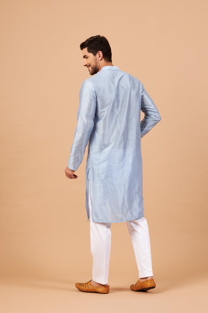 Men's Baby Blue Color Viva Dot Embroidered Kurta Semi Raw Silk Mix