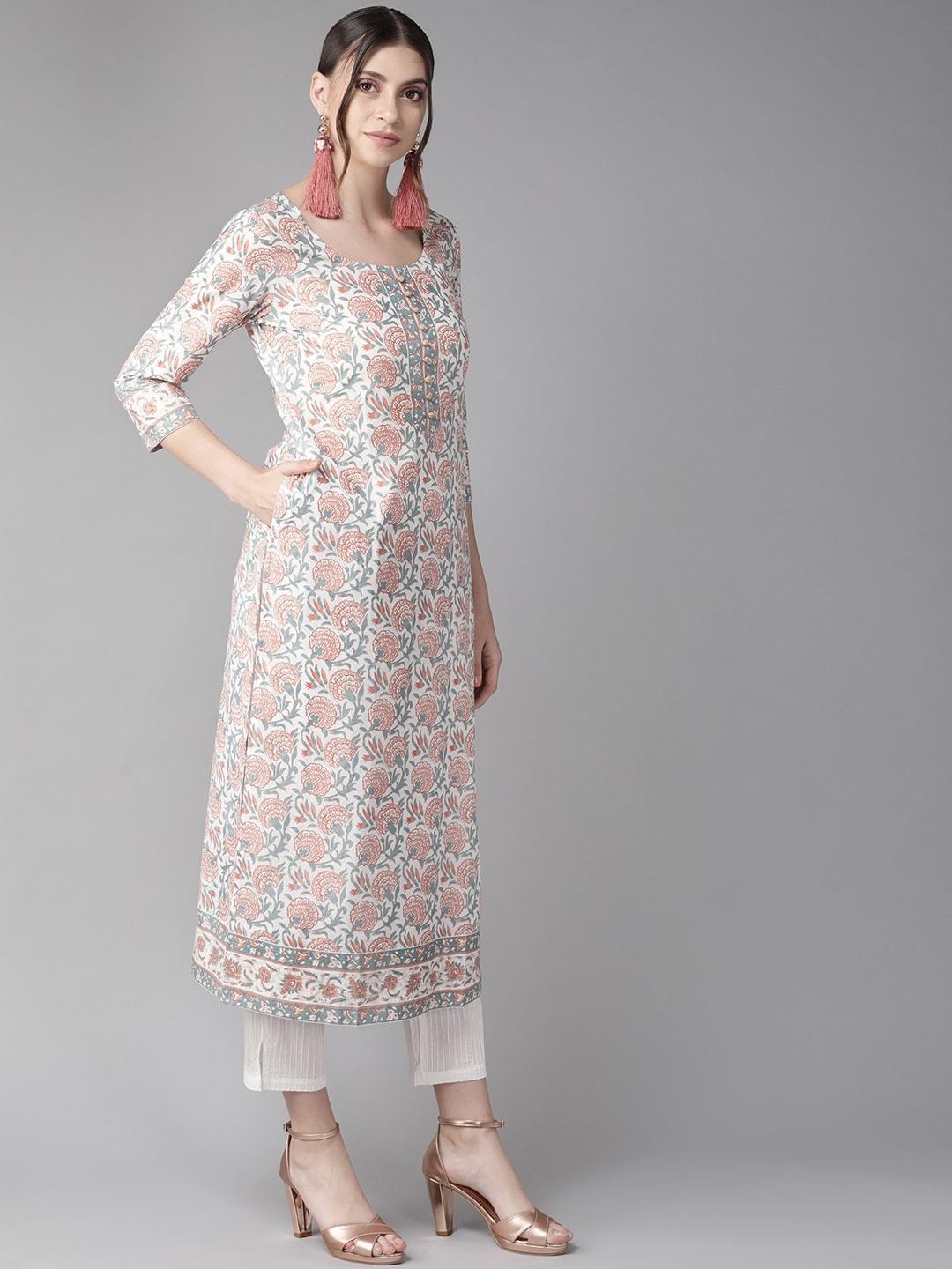 Women's  Floral Printed Straight Kurta in White & Rust Red - AKS USA