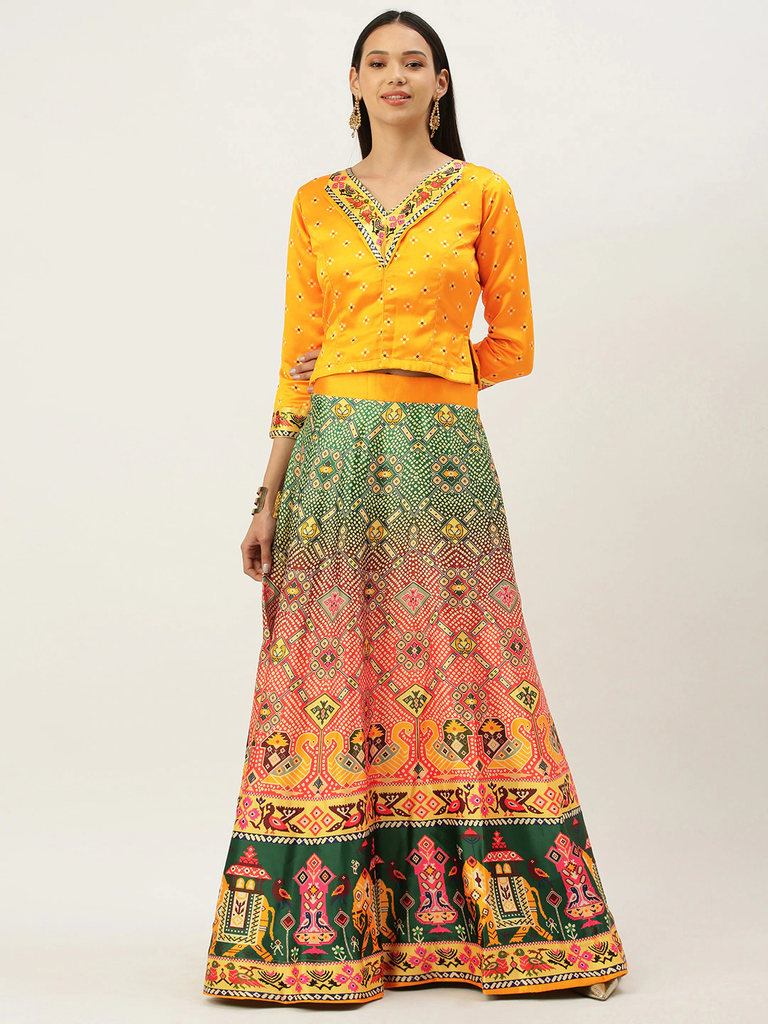 Women's Bandhni Patola Type Digital Print Shiney Satin Croptop Lehenga Choli With Unstitched Blouse