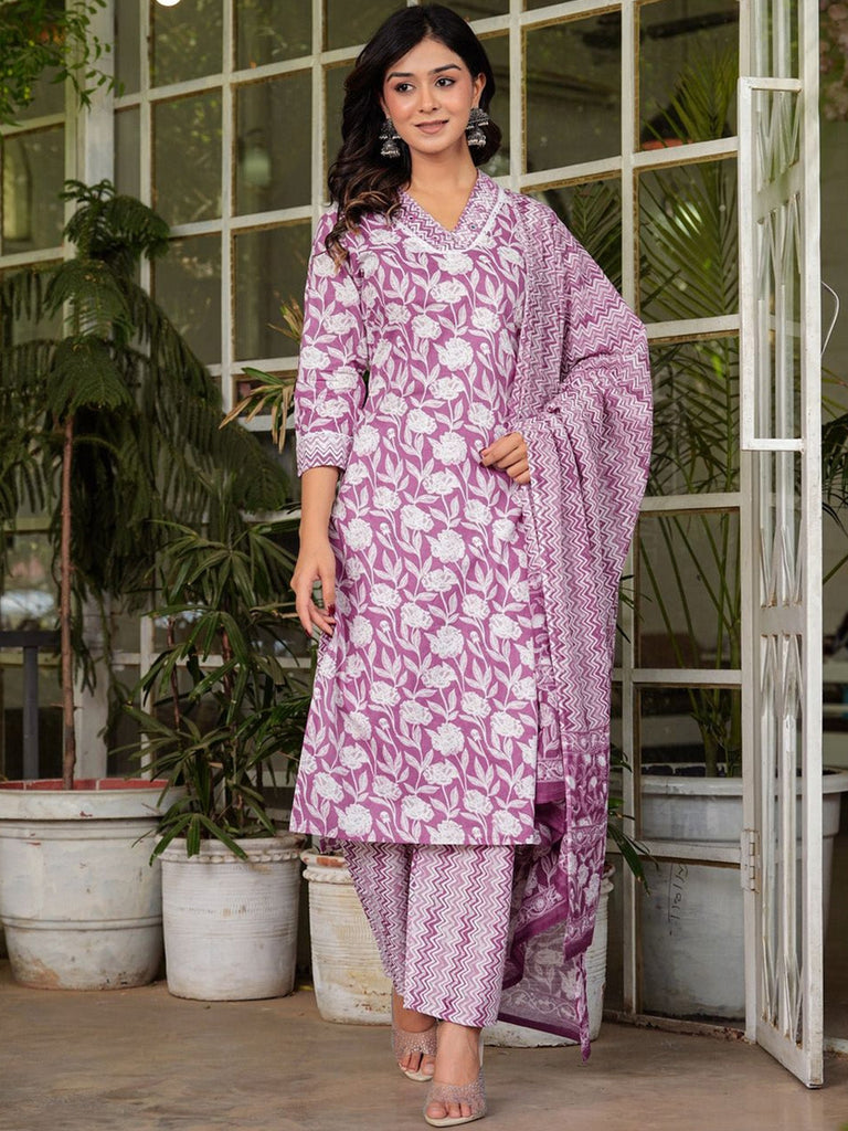 Women's Floral Printed V-Neck Cotton Straight Kurta Trousers & With Dupatta