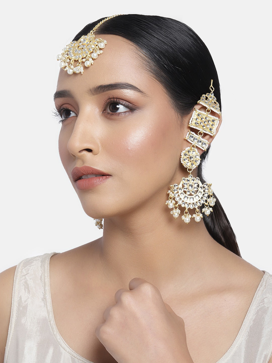 Women's Traditional Gold Plated Chandbali Kundan & Pearl Earring Set with Maang Tikka