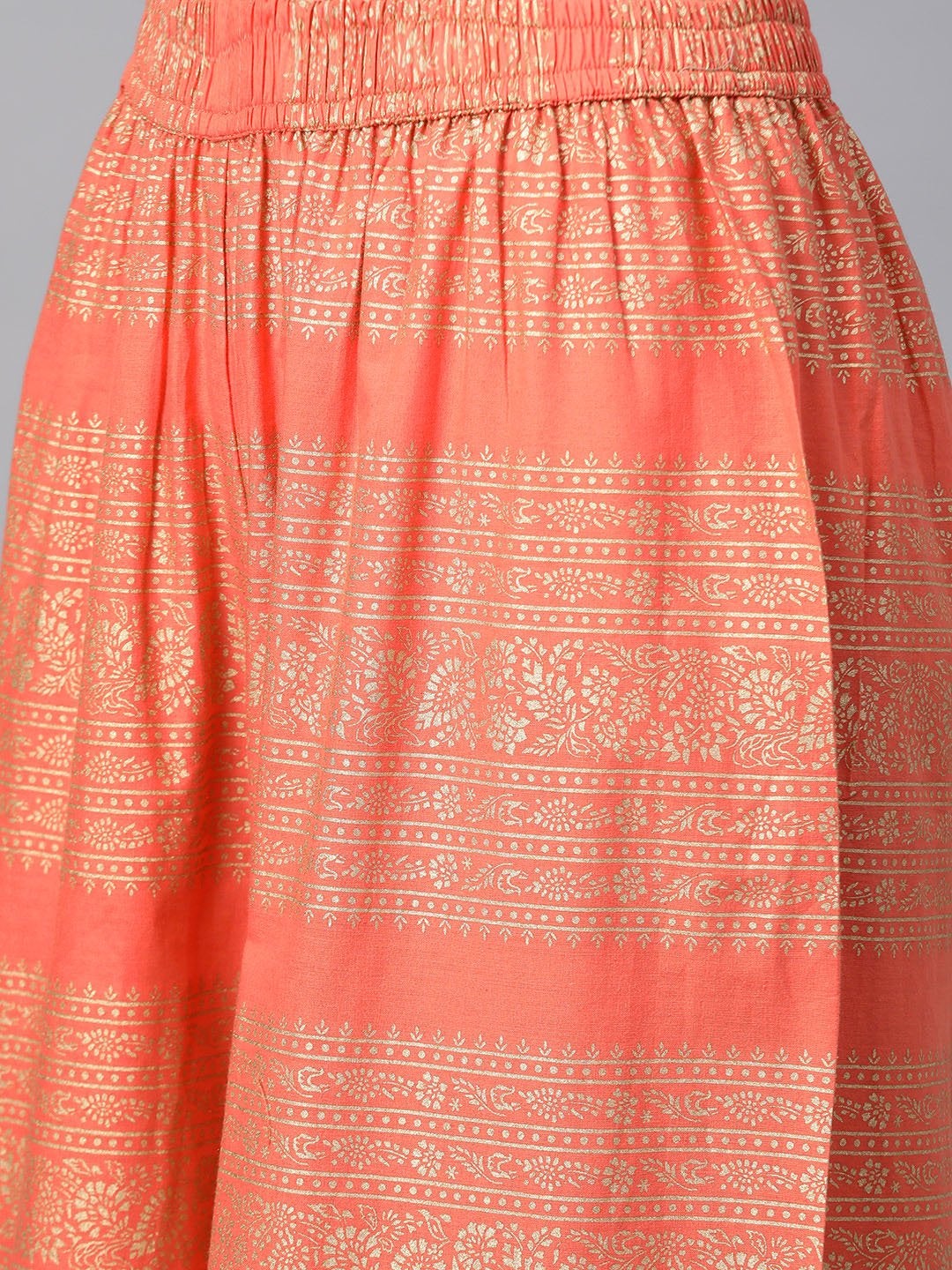 Women's Coral Orange & Golden Printed Pure Cotton Kurta with Palazzos