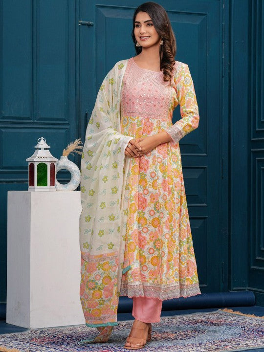 Women's Floral Embroidered Regular Kurta with Palazzos & With Dupatta - Taantav