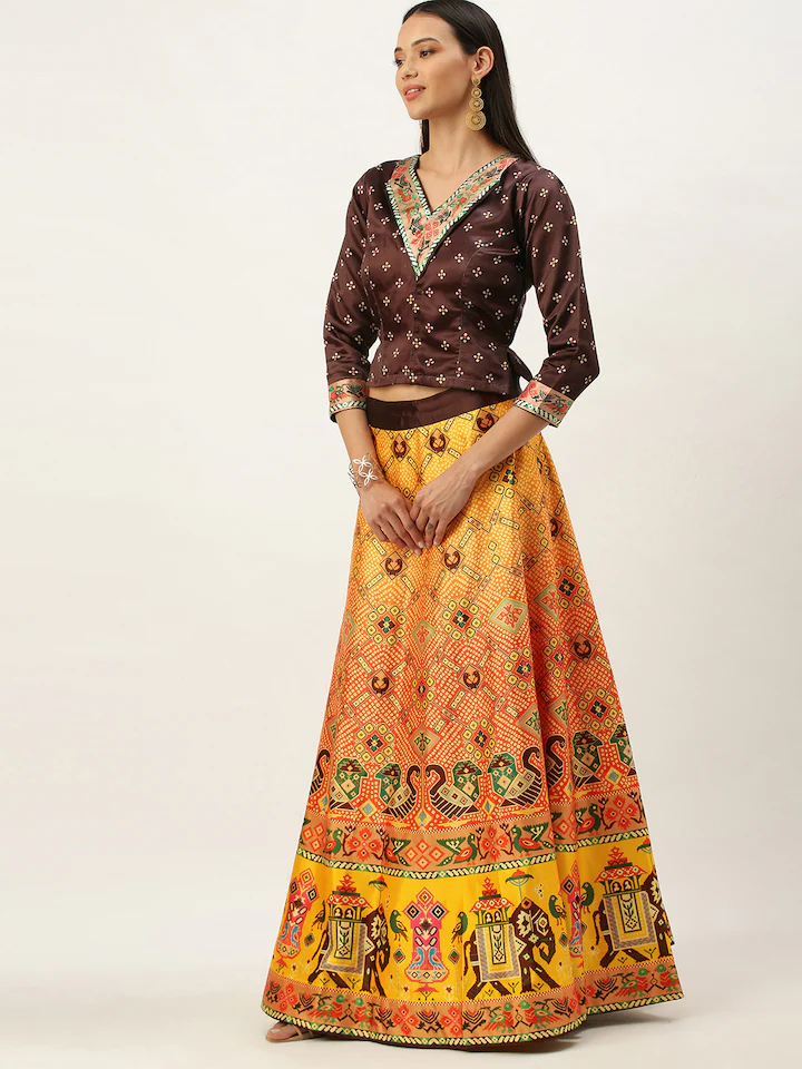 Women's Bandhni Patola Type Digital Print Shiney Satin Croptop Lehenga Choli With Unstitched Blouse