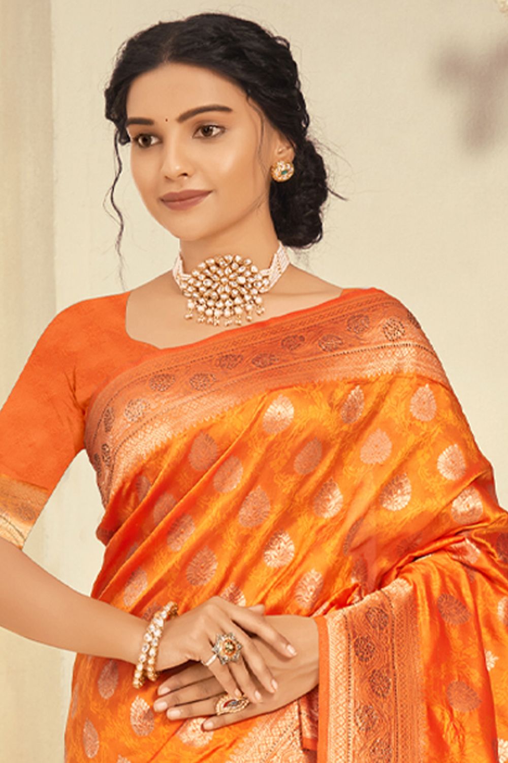 Women's Orange Silk Woven Zari Work Traditional Tassle Saree