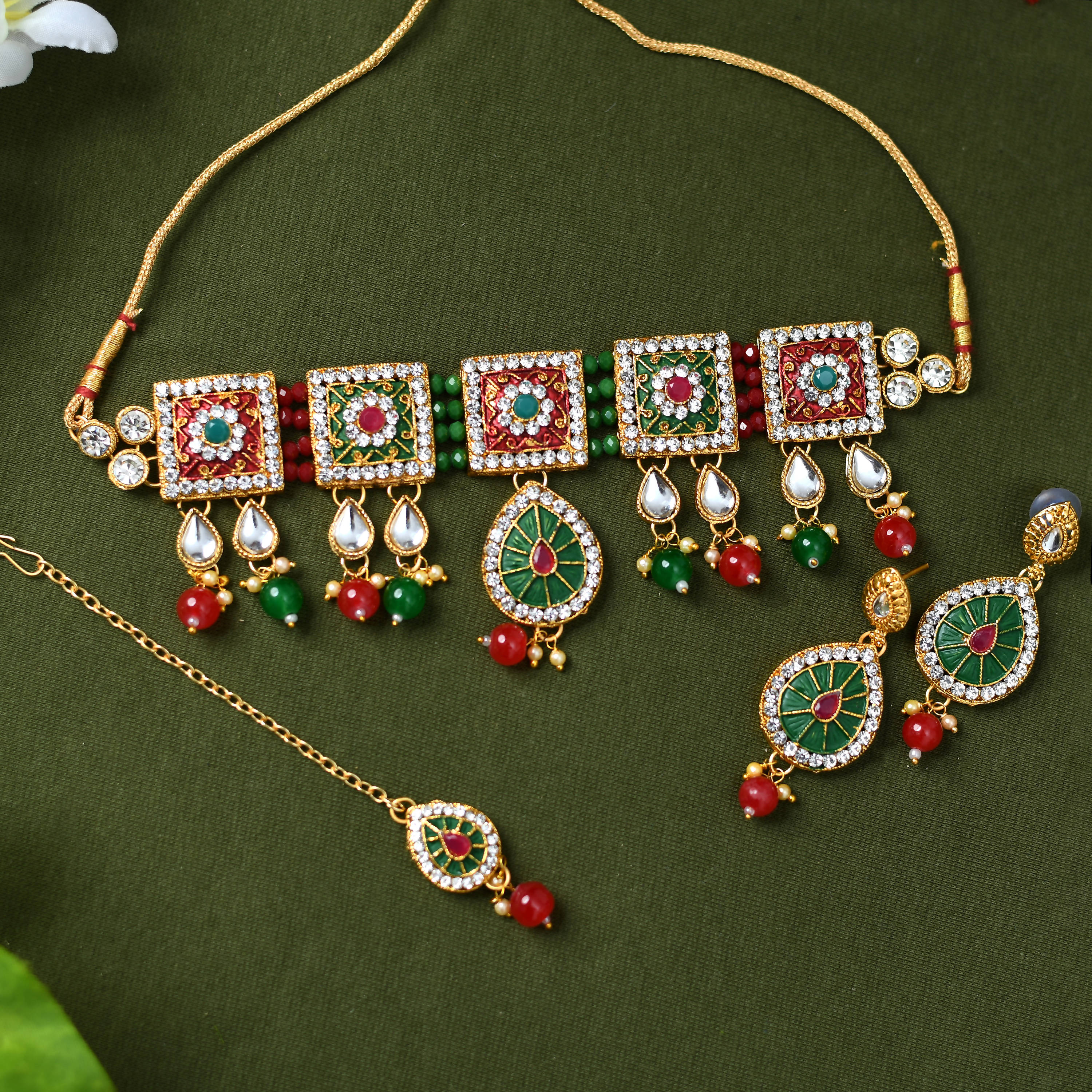 Kamal Johar Gold-Plated Chokar Necklace Multi color with Earring &