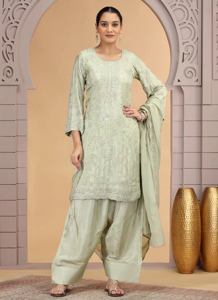 Women's Yellow Satin Silk Hand Work Kurta Set