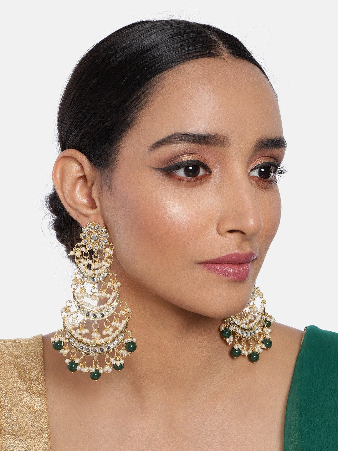 Women's  Gold Plated 3 Layered Green Beaded Chandbali Earrings With Kundan And Pearl Work