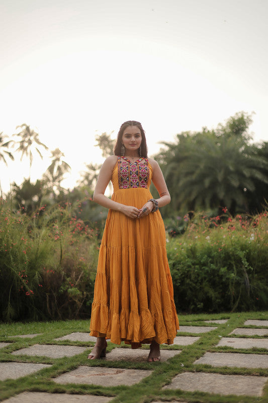Women's Yellow Reyon Anarkali Dress - Aastha Fashion