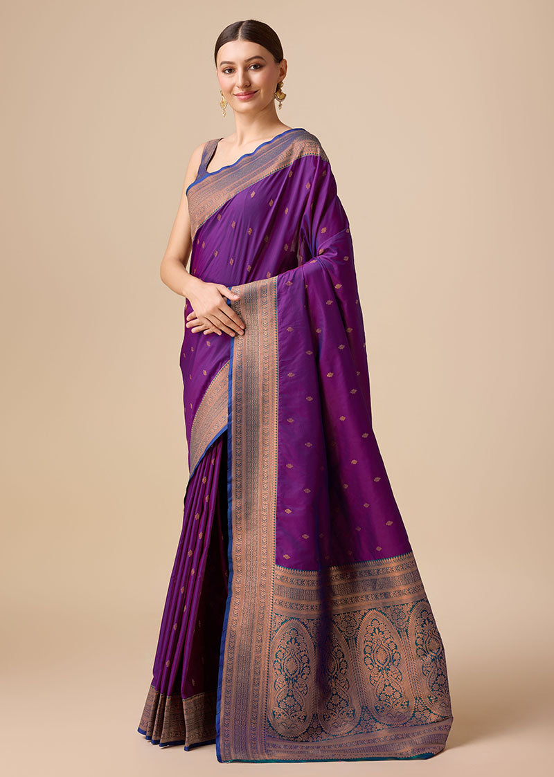 Women's Buy Online Dark Purple Colour Woven Banarasi Silk Saree - Monjolika