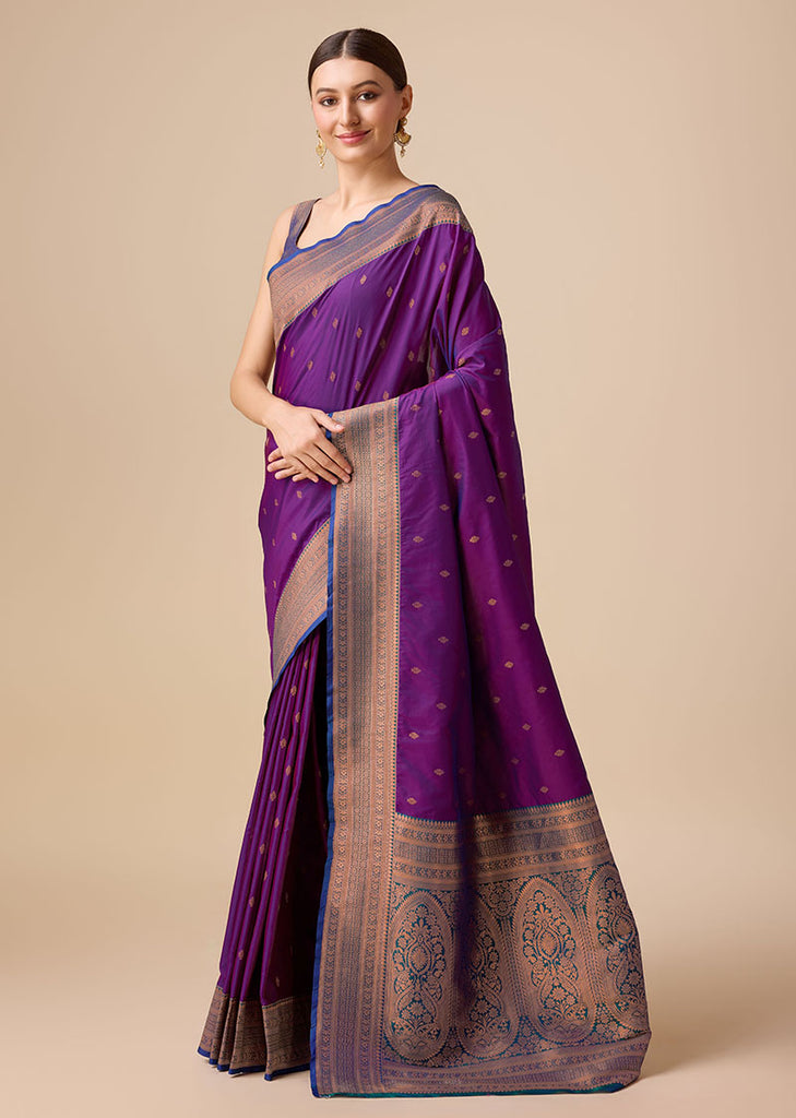 Women's Buy Online Dark Purple Colour Woven Banarasi Silk Saree