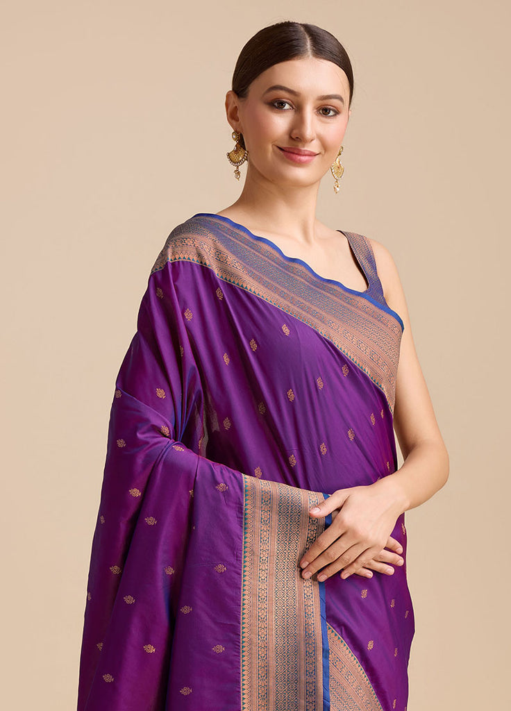 Women's Buy Online Dark Purple Colour Woven Banarasi Silk Saree
